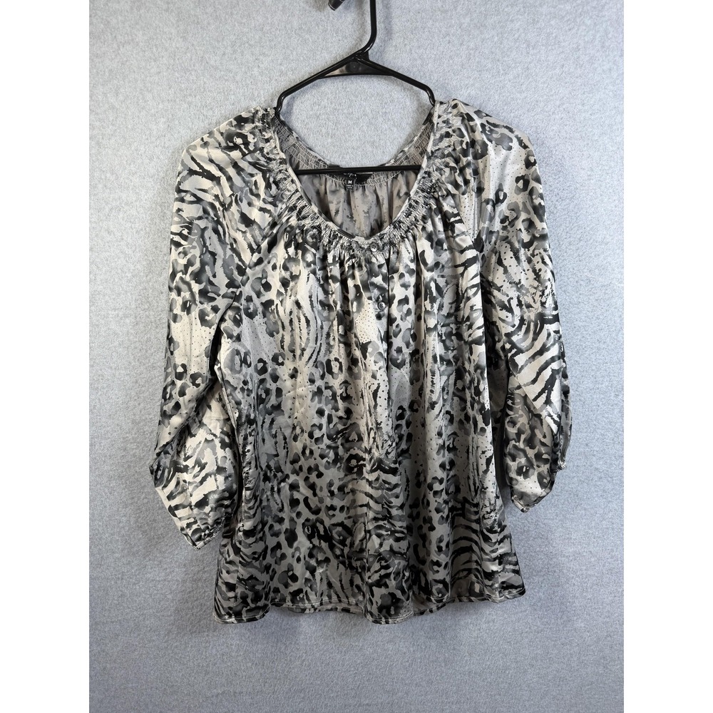 Express Blouse Womens Medium Gray Animal Print 3/4 Sleeve Scoop Neck Top